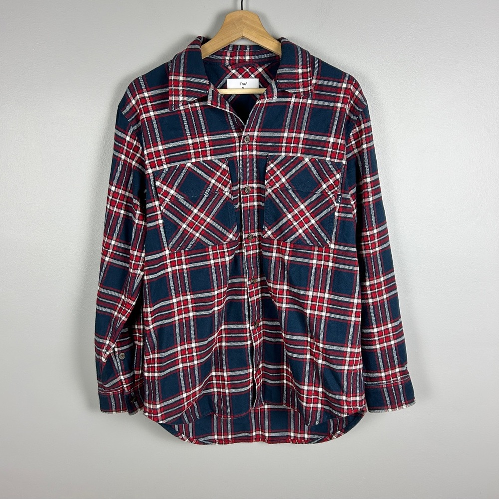 TNA Oversized Plaid Flannel Shirt Size XS‎ Navy Red Shacket Grunge 90s Relaxed